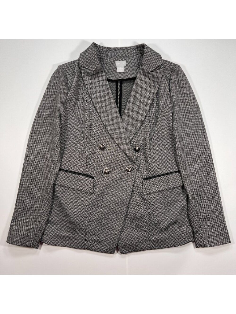 Chico's Blazer Coat Women's 4 Gray Herringbone Polyester Double Breasted Stretch